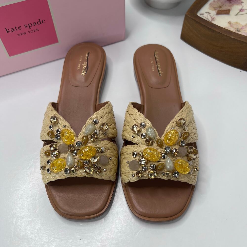 Kate Spade Dock Crystal Natural Braided Raffia Slide 10011323 Women 7B NWB